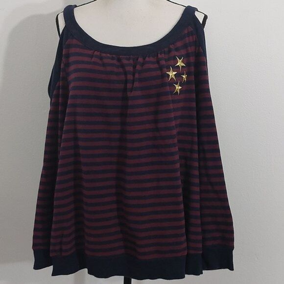 Lane Bryant Navy Burgundy Striped Cold Shoulder Long Sleeve Sweater Size 18 /20 - Picture 1 of 10